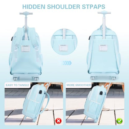 DIGOBAY Rolling Backpack for Girls, Cute Girls Backpack with Wheels, Kids Wheeled backpacks Set with Lunch Bag Pencil Case for Teen Girl, Roller School Bag with Wheels for Elementary Middle School - color: Blue