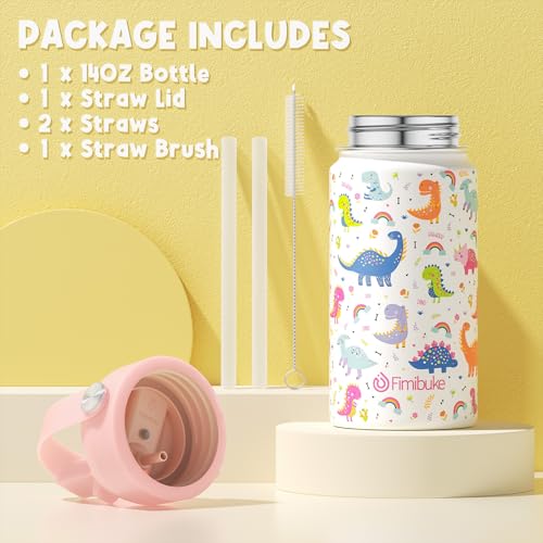 Fimibuke Kids Insulated Water Bottle, 14oz BPA FREE 18/8 Stainless Steel Travel Tumbler Double Wall Vacuum Leak Proof Kids Cup with Straw Metal Bottle for School Boys Girls(1 Pack, WHITE DINOSAUR) - color: A12. WHITE DINOSAUR