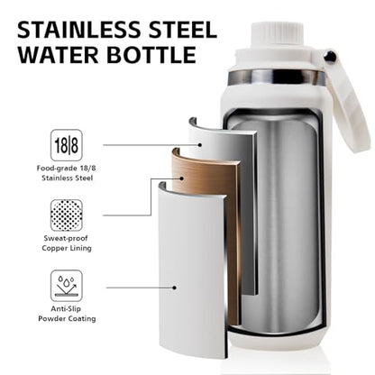 Greylock 20 oz Insulated Water Bottle with Straw Lid, Reusable Stainless Steel Sports Water Bottles with Foldable Handle, Leak Proof, Double-Wall Vacuum Insulation, 24 Hours Cold (White) - color: White, size: 20 Ounces
