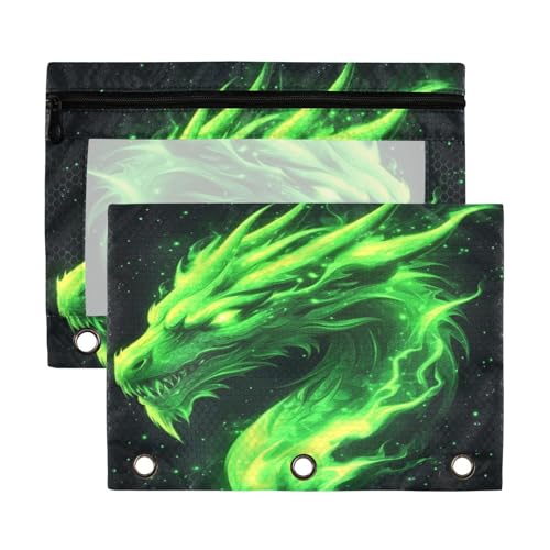 Kcldeci Pencil Pouch for 3 Ring Binder, Green Fire Head of Dragon 2 Pack Binder Pencil Pouch with Clear Window Pencil Bags with Zipper Pencil Case for Binder - color: B05