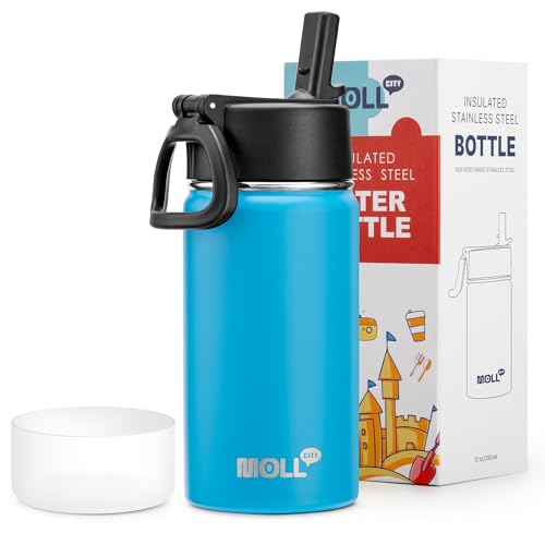 Kids Insulated Water Bottle with Straw-12 oz Stainless Steel Double Wall Vacuum Wide Mouth Water Bottle for School-Metal Travel Water Flask with Silicone Boot (Sky Blue) - color: Sky Blue, size: 12 Ounces