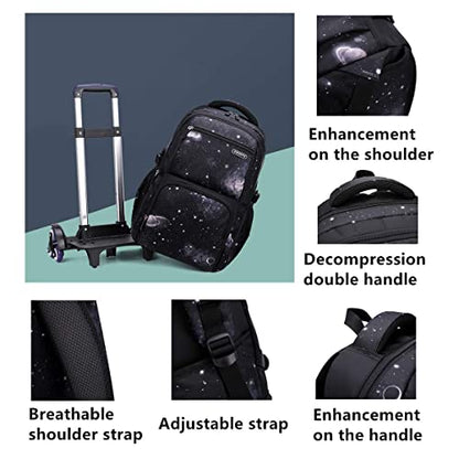 VIDOSCLA Elementary Galaxy Teens Rolling Backpack Kids Boys Luggage with Wheels Trolly BookBag for School-6 Wheels - color: Sky Blue-3pcs 6 Wheels, style: 6 Wheels 3pcs