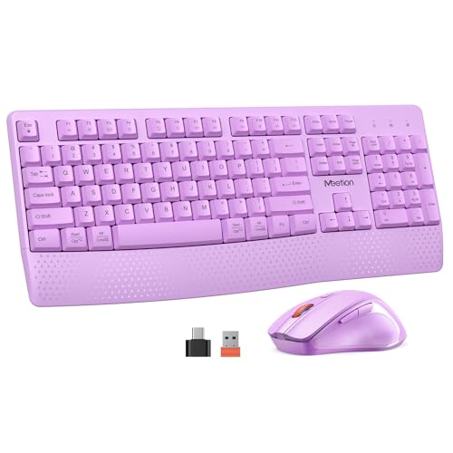 MEETION Wireless Keyboard and Mouse, Full-Sized Cordless Keyboard with Wrist Rest and 3 DPI Adjustable Mouse, 2.4G Wireless, Purple, for PC/Computer/Laptop/Windows/Mac - color: Purple