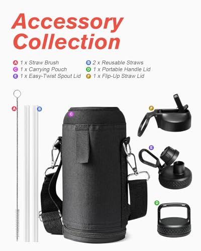 Coolflask 32 oz Water Bottle Insulated with Straw & 3 Leakproof Lids | Water Flask Stainless Steel Triple-Wall Vacuum,Cold 48+h, Dishwasher Safe,Wide Mouth,BPA-Free,Carrier Bag,for Gym,Hiking - color: Magic Black, size: 32 Ounces
