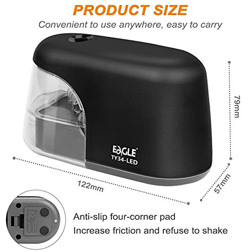 Eagle Electric Pencil Sharpener, Battery Powered Sharpener, LED Light Shinning During Sharpening, Portable, with Reusable and Replaceable Blade, Suitable for Kids, Ideal School Office Supplies (Black) - color: Black