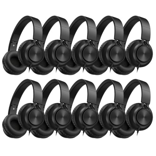 AILIHEN Classroom Headphones Bulk 10 Pack with Microphone - C8 On-Ear Wired Kids Headphones for School with 3.5mm Jack for Library Listening Test Online Learning (Black) - color: Black