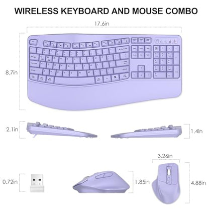 Wireless Keyboard and Mouse Combo, 2.4G Full Size Wave Keys Ergonomic Keyboard with Wrist Rest and 3-Level DPI Adjustable Wireless Ergonomic Mouse for Windows, Mac OS Desktop/Laptop/PC(Purple) - color: purple