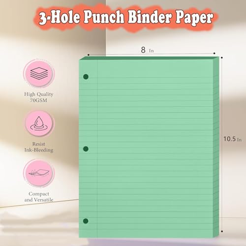 Loose Leaf Paper, 300 Sheets, Wide Ruled, 8" x 10.5", 6 Pack, 70gsm Notebook Paper Filler Sheets, 3 Hole Punched, 50 Sheets/Pack, Wide Ruled Office Filler Writing Notepads for 3 Ring Binder, Green - color: Green