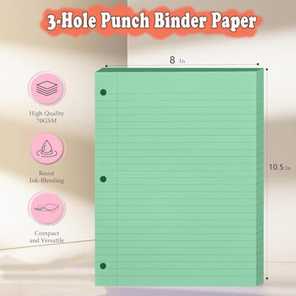Loose Leaf Paper, 300 Sheets, Wide Ruled, 8" x 10.5", 6 Pack, 70gsm Notebook Paper Filler Sheets, 3 Hole Punched, 50 Sheets/Pack, Wide Ruled Office Filler Writing Notepads for 3 Ring Binder, Green - color: Green