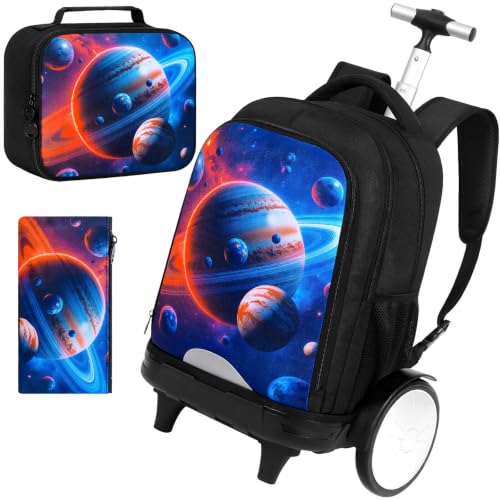 AGSDON Quiet Rolling Backpack with Lunch Box Set – Large‑Wheel Water‑Resistant Wheeled Bag for School, Outings, and Travel | Galactic Earth 3‑Piece Organizer Backpack - color: Big Wheel Rolling Backpack Galactic Earth