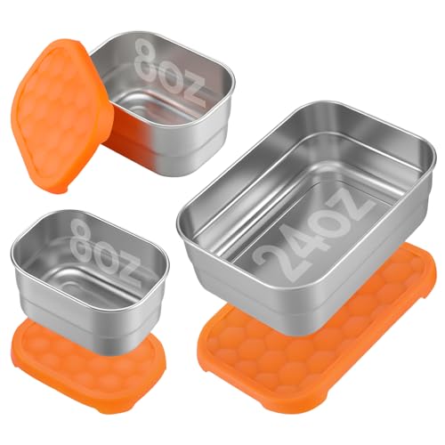 Alphatool 3pcs Leakproof Stainless Steel Lunch Box - Portable 8oz Snack Containers & 24oz Bento Box with Silicone Lids for Daycare School Office Camping Picnic, Dishwasher safe