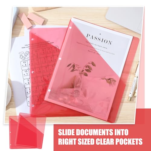 Seajan 48 Pcs Pocket Folders for 3 Ring Binder Clear Plastic Folders Sleeves with 2 Pockets 3 Hole Punch Binder Dividers Poly Slash File Jackets for Office School Document Organizer (Red) - color: Red