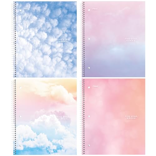 Five Star Spiral Notebook + Study App, 1 Subject, Wide Ruled Paper, 8" x 10-1/2", 80 Sheets, Clouds, 4 Pack (930294F)
