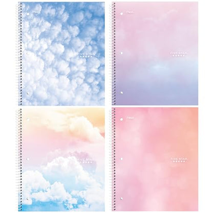 Five Star Spiral Notebook + Study App, 1 Subject, Wide Ruled Paper, 8" x 10-1/2", 80 Sheets, Clouds, 4 Pack (930294F)