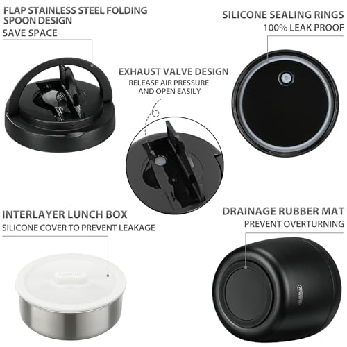 wiwens Thermo Food Jar for Hot Food Adults 32OZ Soup Thermo Lunch Containers Wide Mouth Vacuum Insulated Stainless Steel Leakproof Bento Box with Spoon (Black) - color: Black