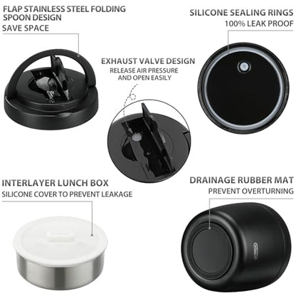 wiwens Thermo Food Jar for Hot Food Adults 32OZ Soup Thermo Lunch Containers Wide Mouth Vacuum Insulated Stainless Steel Leakproof Bento Box with Spoon (Black) - color: Black
