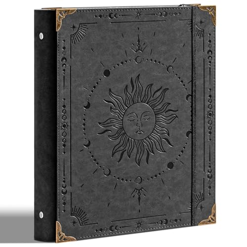Ovesmusl PU Leather 3 Ring Binder 1 Inch Round Ring Binder Holds 200 Sheets | 8.5"x11" Letter Size Paper, Wedding Family History Notebook Cover Loose Leaf Organizer, Black - color: Black Sun, size: 1" Ring
