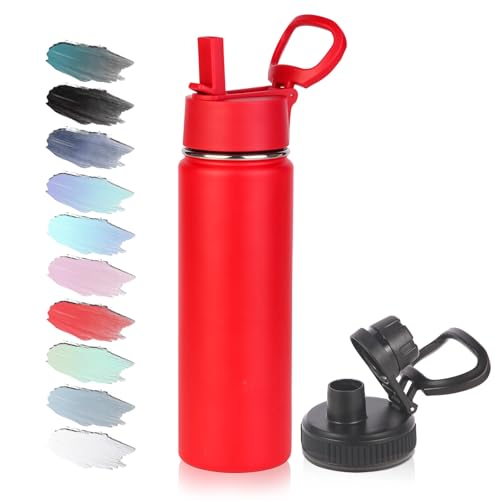 Volhoply 20oz Insulated Stainless Steel Water Bottle with Straw Lid, Kids Wide Mouth Double Wall Vacuum Cups with Handle,Reusable Outdoor Sports Metal Bottles,Travel Flask Keep Cold&Hotd(Red,1) - color: Red