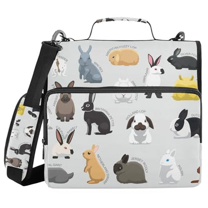 Fisyme Rabbit Bunny Zipper Binder 3 Ring with Zipper and Shoulder Strap Large Capacity Multi-Pocket Binder Organizer - color: Multi-grey