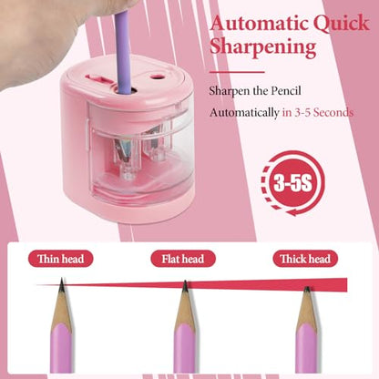 AUAUY Automatic Electric Pencil Sharpener with 2 Hole Sizes, Battery Operated with 4 Knife Holders & Charger, for Standard & Makeup Pencils (Pink) - color: Usb-pink