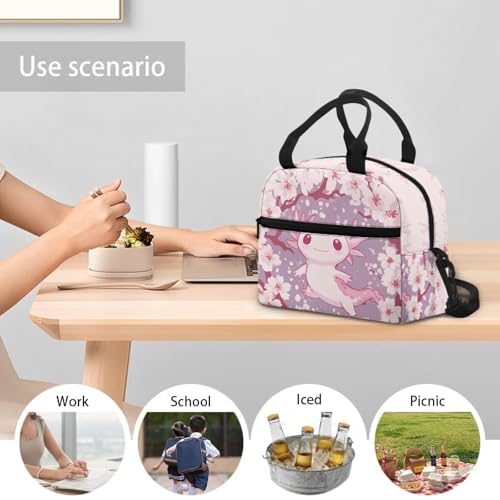 Axolotl Lunch Box Boys 8-12 Cherry Blossom Insulated Lunch Bag for Kids 4-6 Kindergarten Preschool Meal Bag Toddler Students Daughter Elementary School Adjustable Shoulder Strap Lightweight - color: Cherry Blossom Axolotl