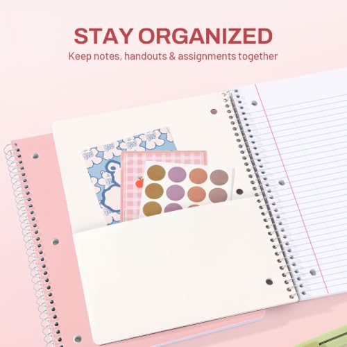 SUNEE Spiral Notebook, 1-Subject, College Ruled Paper, 8" x 10-1/2", 100 Sheets per Notebook, 3-Hole Punched Paper, Water Resistant Cover, Double-sided Pockets, Spiral Lined Notebooks for Work, Pink - color: Pink