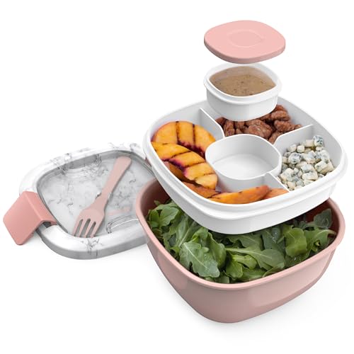 Bentgo Salad Container - 54 oz Bowl with 4-Compartment Toppings Tray, Dressing Container, Reusable Fork, BPA-Free Lunch Box for Meal Prep & Food Storage; Removable Bento Tray (Blush Marble) - color: Blush Marble