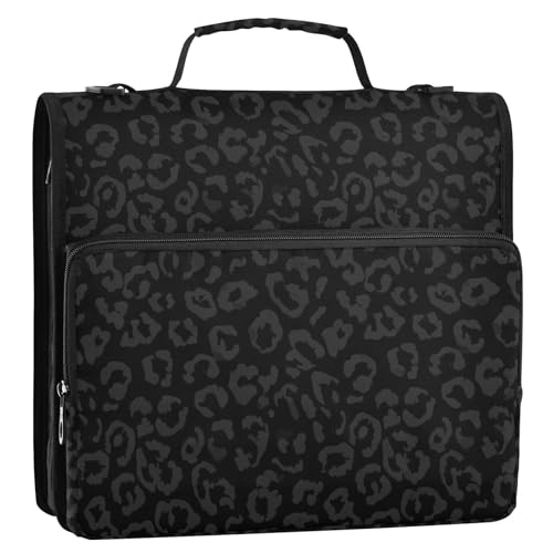 Zipper Binder Bag 3 Ring File Folder Portfolio Organizer Zippered Binder Bags with Strap Fits Laptop Women Men - color: 12-leopard Black
