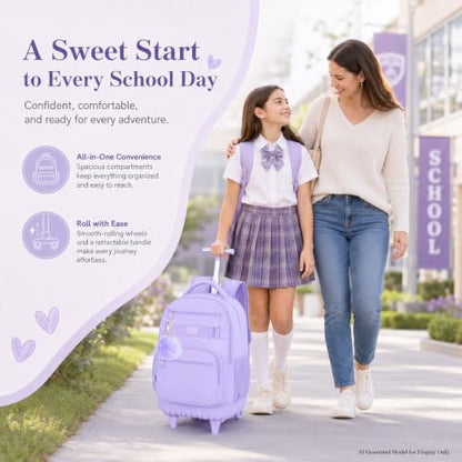 HPJGD 3PCS Rolling Backpack for Girls, Womens Purple School Backpacks with Wheels, Water Resistant Roller Kids Wheeled Bookbag Set - color: Classic Purple Rolling Backpack Set