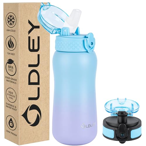 Oldley Insulated Water Bottle 12oz Kids Water Bottles with Straw, Stainless Steel Water Bottle with 2 Lids,Double Wall Vacuum Bottle, Leak-Proof Sport Bottles for School Travel, Ombre Blue-purple - color: Ombre Blue-purple, size: 12 Ounces