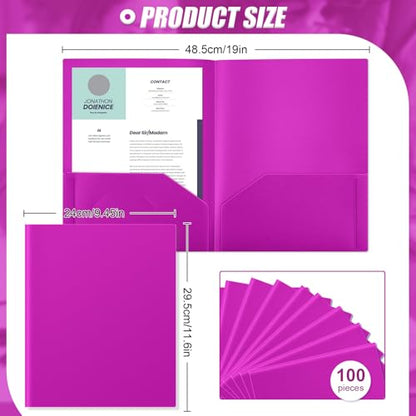 Gueevin 100 Pack Plastic Folder with Pockets, 2 Pocket Folders, Plastic Glossy Folders Fit Letter Size Paper, Heavy Duty Durable File Folder with Business Card for Home Office School (Neon Purple) - color: Neon Purple