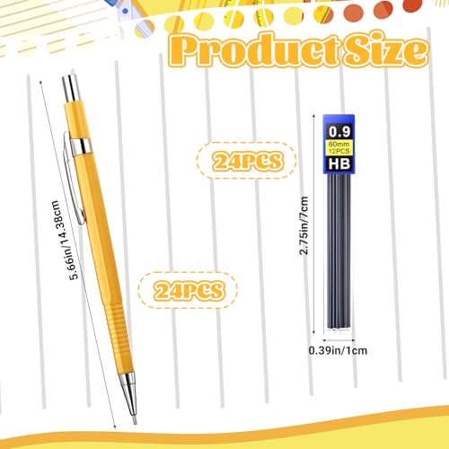 24 Pcs Mechanical Pencil, 0.9mm Metal Retractable Automatic Drafting Pencils Refills for Writing Drawing Sketching Illustration Signature (Yellow)