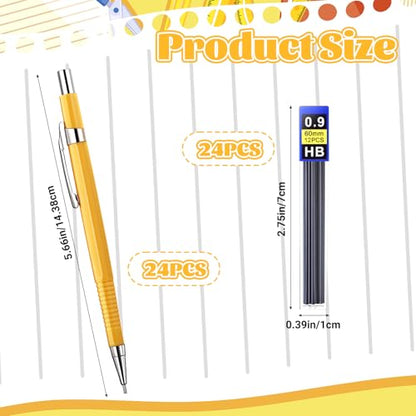 24 Pcs Mechanical Pencil, 0.9mm Metal Retractable Automatic Drafting Pencils Refills for Writing Drawing Sketching Illustration Signature (Yellow)