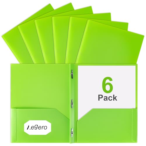 Aegero Folders with Pockets and Prong with Fasteners (6 Pack,Grass Green),Durable Plastic Pocket Folders with Prongs,Tear Resistant,2 Pocket 3 Prong Folders for Schoolwork & Office,Letter Size - color: Grass Green, size: 1 Set（6pack）