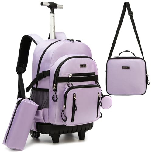 Rolling Backpack for School Girls Rolling Backpack with Lunch Box Backpacks with Wheels for Teen Girls Kids Roller Backpacks for Elementary - color: Solid New Purple