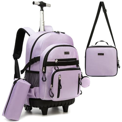 Rolling Backpack for School Girls Rolling Backpack with Lunch Box Backpacks with Wheels for Teen Girls Kids Roller Backpacks for Elementary - color: Solid New Purple