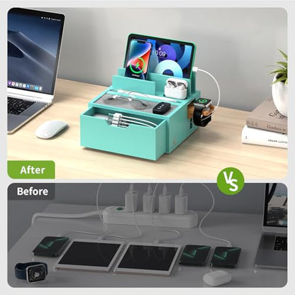 Pezin & Hulin Bamboo Charging Station with Power Charger & Cables-Teal | Nightstand Docking Station with Lined Tray & Drawer for Multi Device, Compatible with Tablet, Cell Phones, Watch & Earbuds - color: #3 Bamboo- Teal(With Charger)