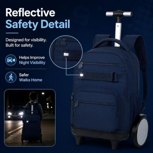 3Pcs Large Rolling Backpack for Teen Boys Men, 20 Inch Detachable Wheeled Bookbag with Lunch Box, Durable Oxford Cloth Roller Backpack for College School Travel (Blue) - color: Large Wheels Classic Blue