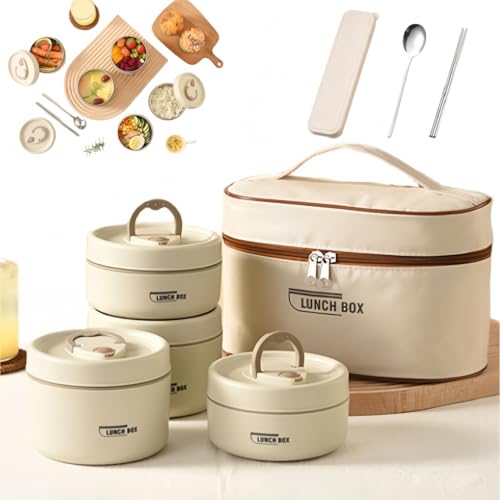 Portable Insulated Lunch Container Set, 2026 Upgraded Stainless Steel Lunch Container, 4 Tier Separat With Insulated Lunch Bag, Hot Food Lunch Containers, Unisex,For Work Picnics Camping (Beige4-Tier) - color: Beige4-Tier