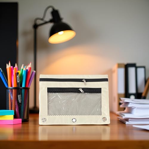 Jinshining 1pc Beige Pencil Pouch for 3 Ring Binder, Binder Pencil Case with Smooth Zipper,Clear Window Pencil Case,Big Capacity 3 Ring Binder Pencil Bag with 3 Reinforced Grommets,Binder Accessories
