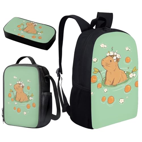 Kawaii Capybara Backpack School Set 3Pcs with Lunch Box Pencil Case Sports Bookbag Back Pack with Compartments Portable Lunch Bag for Elementary School Students - color: Capybara Kawaii