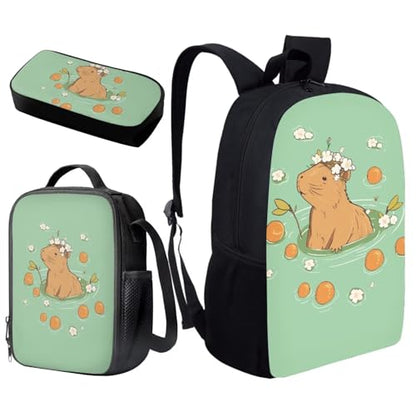 Kawaii Capybara Backpack School Set 3Pcs with Lunch Box Pencil Case Sports Bookbag Back Pack with Compartments Portable Lunch Bag for Elementary School Students - color: Capybara Kawaii
