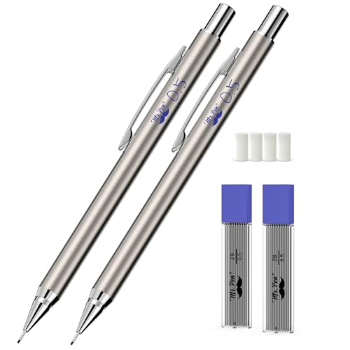 Mr. Pen- Metal Mechanical Pencil Set with Lead Refills & Erasers, 2 Pack | 0.5mm, 4x Tubes 2B Lead Refill, 4x Eraser Refills for School Supplies, Note Taking, Drawing, Sketching, Office - style: 0.5mm
