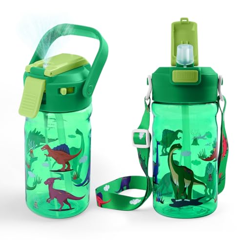 20oz Kids Water Bottle With Straw for School or Travel, Dinosaur | Leak-Proof Misting Bottle, Secure Lock, Pop-Up Spout, Handle & Detachable Strap, Personalized Bottle for Boys Sports Use - color: Green Dinosaur