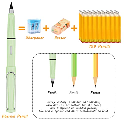 Ainiv Inkless Pencil with Eraser, 5 Sets Infinity Pencil Everlasting Pencil, Reusable Infinite Pencil with Extra 5 Eraser & 5 Replaceable Nibs, Endless Pencil for Home Office School Writing Drawing - color: 5PCS-Black、Red、Yellow、Green、Pink