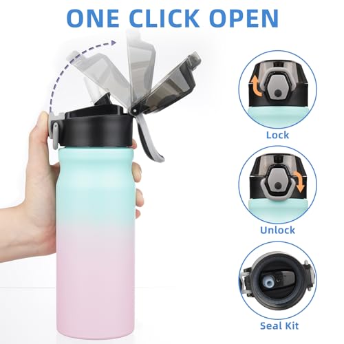 BJPKPK 18oz Insulated Water Bottle with Straw Stainless Steel Double Wall Water Bottles BPA Free Leak Proof Thermal Flask with Lockable Flip Lid and Soft Silicone Spout,Bubble Gum - color: A-Bubble Gum, size: 18 Ounces