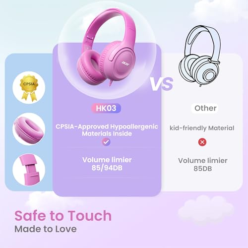 Acer Kids Headphones - 85/94dB Volume Limiter, Foldable Wired Over Ear Headphones for Travel, 3.5mm Jack, Toddler Headphones for School, Travel, iPad, Tablet, Pink Gradient, HK03 - color: Pink Gradient