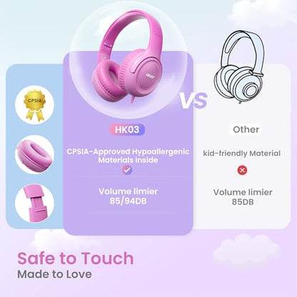 Acer Kids Headphones - 85/94dB Volume Limiter, Foldable Wired Over Ear Headphones for Travel, 3.5mm Jack, Toddler Headphones for School, Travel, iPad, Tablet, Pink Gradient, HK03 - color: Pink Gradient