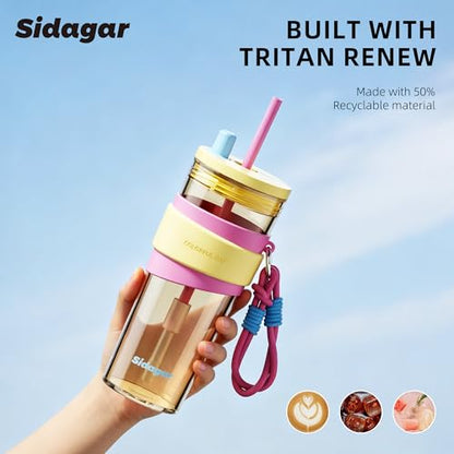 24oz Tritan Water Bottle with Straw and Silicone Sleeve, Yellow Leak-Proof Aesthetic Tumbler with Portable Carrying Strap, BPA-Free Reusable Straw Cup for School, Office, Gym - color: Sweet Peach Mist