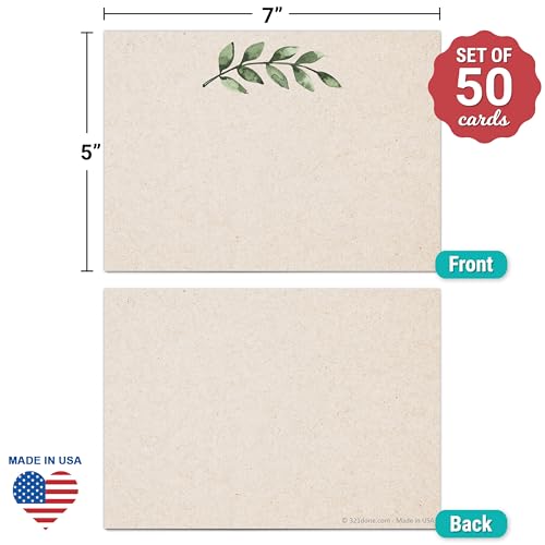 321Done Blank Greenery Note Cards, 5x7 Kraft - Made in USA, Thick, Heavy Cardstock, Pretty, Cute Simple Green Leaves Design, No Envelopes - Set of 50 - color: Greenery, Tan, size: 5x7, Horizontal